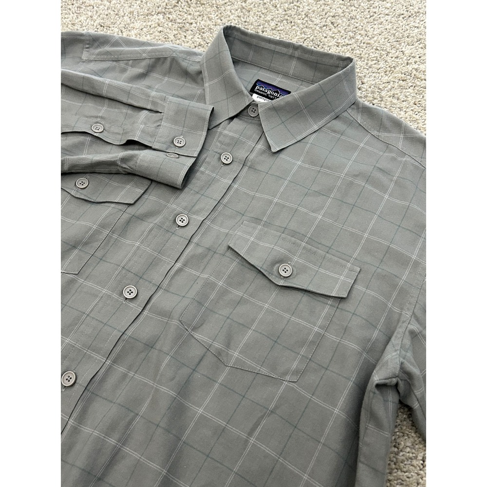 Patagonia Buckshot Button Up Shirt Medium Grey Plaid Organic Cotton Long Sleeve